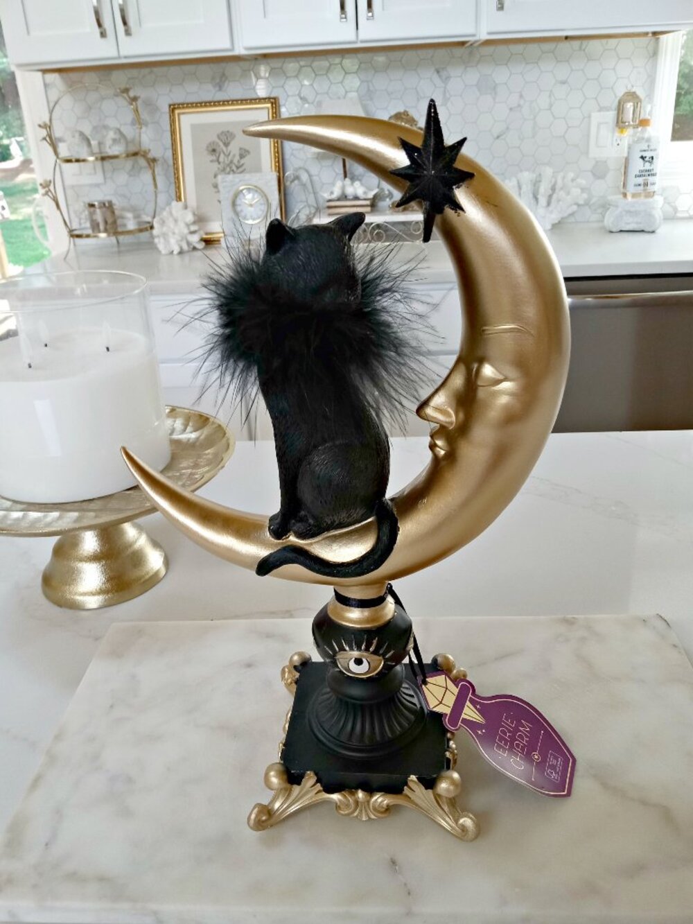 NEW! BLACK CAT ON A GOLD MOON EVIL EYE DECOR